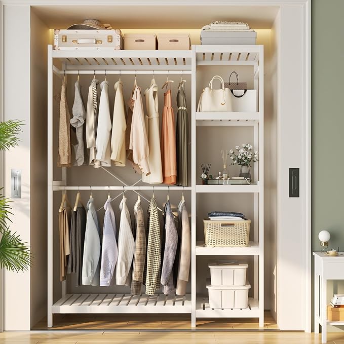 Bamboo Closet System Set of 2, 41.4” Wide Clothing Rack, Pure White | Freestanding Clothes Rack with 14 Adjustable Shelves, 4 Rods, 8 Hooks, Open Wardrobe Organizer, Wood Garment Rack for Bedroom