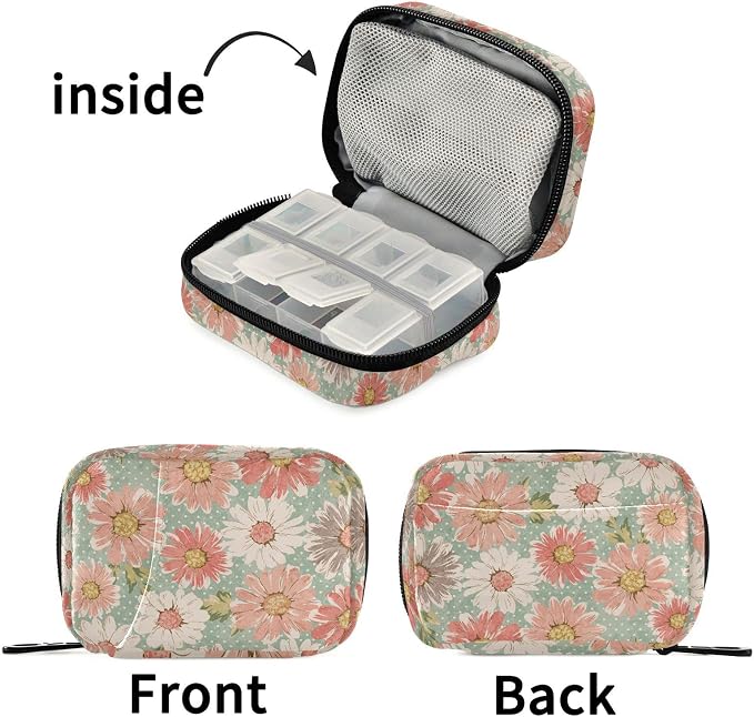 Pill Organizer Vintage Flower Daisy Pill Box 7 Day Pill Case Bag Travel Pill Organizer Bag with Zipper Portable Weekly Case Compact Size for Vitamin Supplement Holder