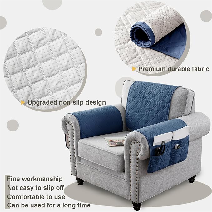 Recliner Armrest Cover with Headrest, Chair Armrest Slipcover with Side Pockets, Water-Resistant, Non Slip Furniture Protector for Pets (Berlin Blue,3 Seater 5PCS)