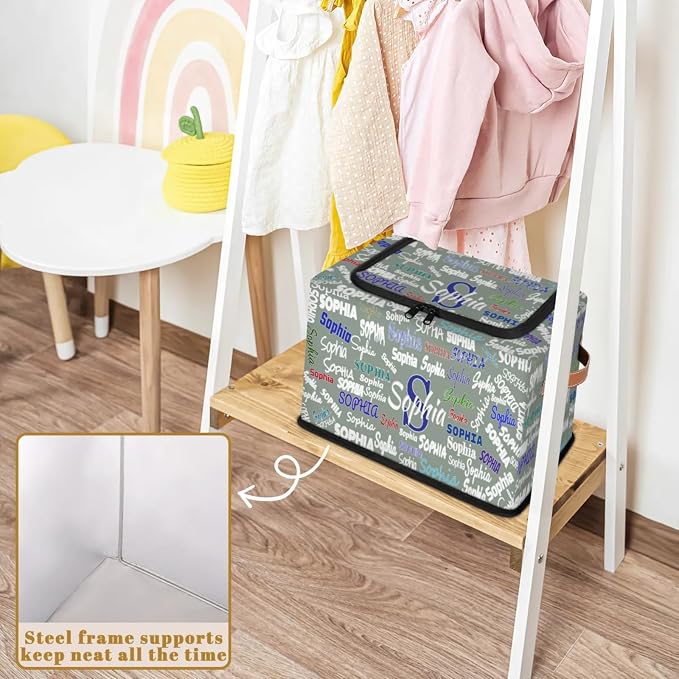 Custom Name Storage Bin with Lid Zipper, Personalized Dark Matcha Green Rectangular Storage Basket with Handles for Organizing Girls Toys Office Closet Shelf Baskets