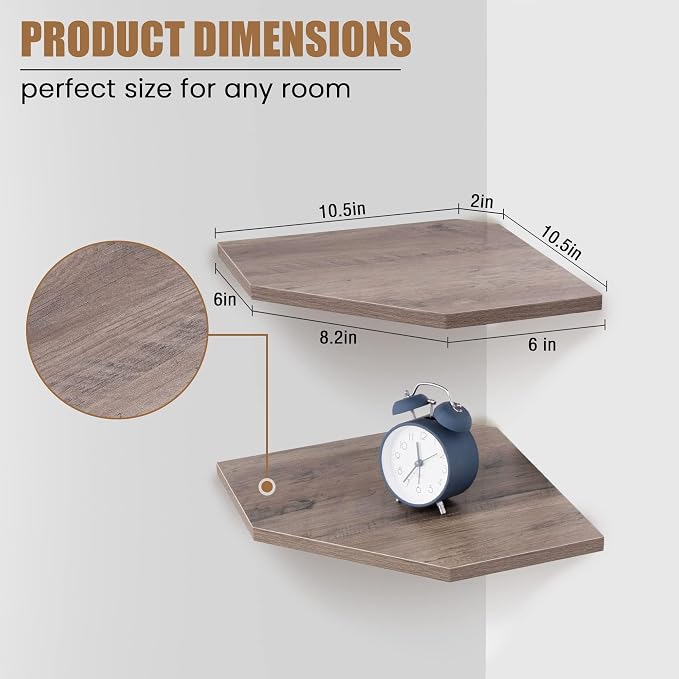 Fun Memories Corner Shelf Wall Mount, Floating Corner Shelves, Set of 2 Corner Wall Shelf Organizer, Rustic Wood Wall Storage Display Shelves for Living Room Bedroom Bathroom Kitchen, Rustic Grey