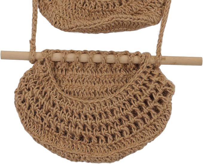 3 Tier Hanging Fruit Basket, Wall Mounted Hemp Rope and Wood Organizer, Handcrafted Over The Door Storage for Toys Pet Plush Dolls Kitchen Bathroom Living Room