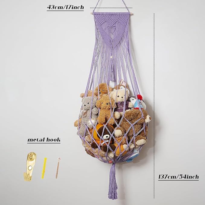 Stuffed Animal Net or Hammock Corner or Wall Hanging Net for Plush Toy Storage Boho Macrame Toy Display Nursery Bedroom Decor Stuffy Animal Toy Organizer (Purple)