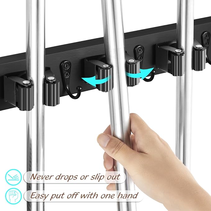 OUTNILI Black Mop Broom Holder Wall Mount with 4 Slots & 4 Hooks - Rustic Wood Broom Mop Hanger for Pantry Closet Laundry Room Organization - Heavy Duty Garden Tool Organizer - Black Kitchen Decor