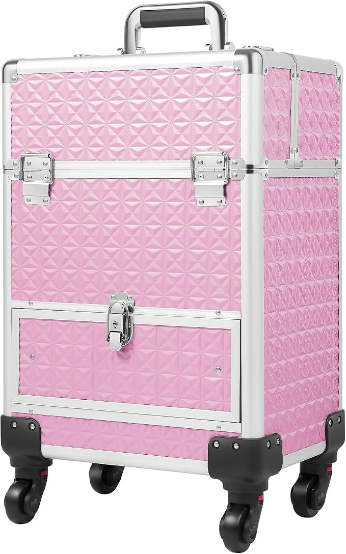 3 in 1 Makeup Rolling Train Case, Cosmetic Travel Trolley Storage Sliding Drawer 4 Tray Professional Cosmetic Organizer Box with 3 Keys Swivel Wheels for Make Up Hairstylists Nail Tech (Pink)