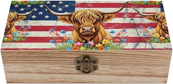 Wooden Keepsake Box for Letter Photo Gift Boxes with Hinged Lid, American | Flag Highland Cow Jewellery Organizer, Small Memory Storage Boxes, Holiday Party Favor Decor