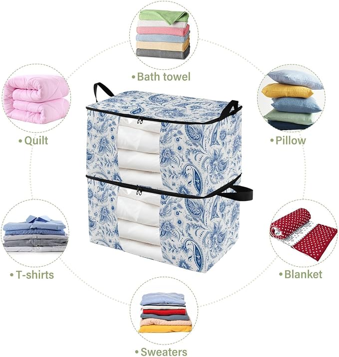 Blue Paisley Floral Clothes Storage Bag Bins 2 Pack Foldable Storage Containers Large Closet Organizer with Zipper Blanket Storage Bag for Clothing Bed Sheets Comforters 95L