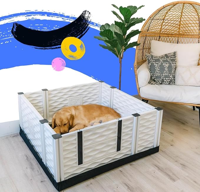 EZclassic Dog Whelping Box - Washable Pee Pad, Small 38"x38"x18" | Dog whelping box for small dogs features safety rails and liner with black pawprint design for easy cleaning and comfort