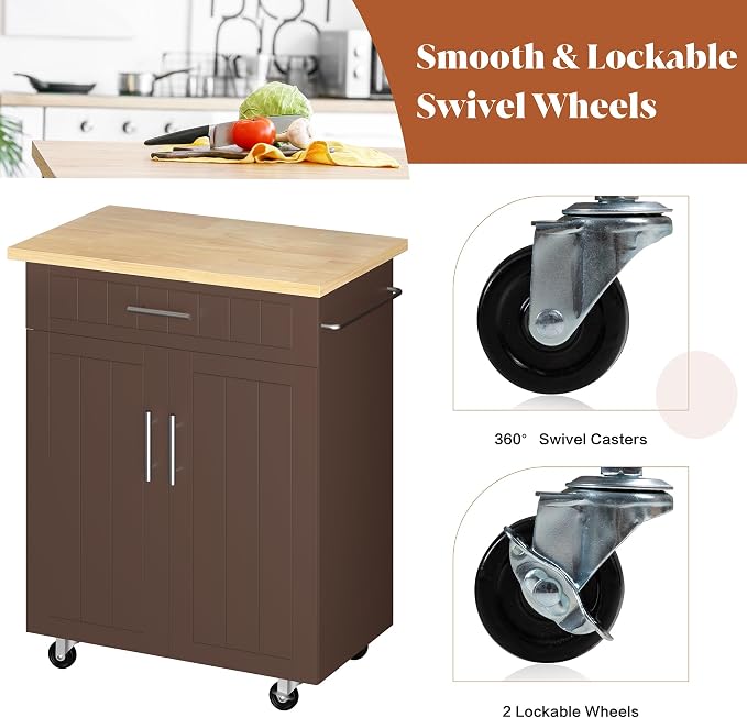 JY QAQA 26" Kitchen Island on Wheels with Storage Cabinet Kitchen Cart Cabinet with Shelves, Cart Handle for Towel Rack or Free Mobility, Portable Islands for Kitchen,Brown