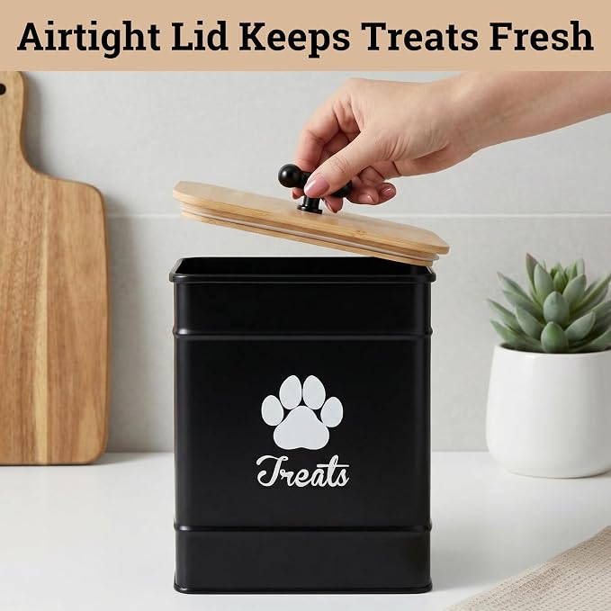 Dog Treat Container Airtight, 6"W x 8"H, Powder Coated, 12 Cup Capacity | Fits All Popular Treats, 12 Cup Capacity, Airtight Bamboo Lid, Easy Open Lid, Dent-Resistant Durable Metal Bone-Shaped Handle