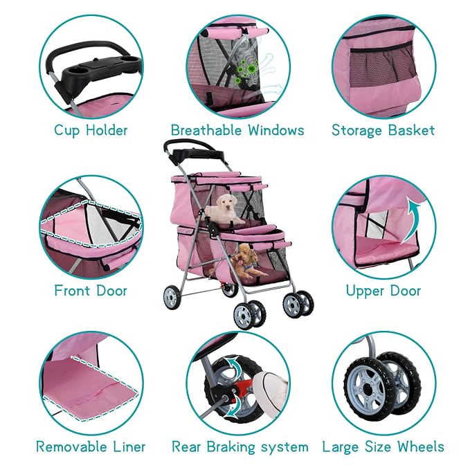 HHS Pet Strollers for 2 Dogs and Cats, Double 4 Wheel Doggie Small Medium Pets with Safety Belts Folding Portable Carriage Cart Storage Basket Travel Jogger, Pink, pinck, 30 x 19 40 Inch