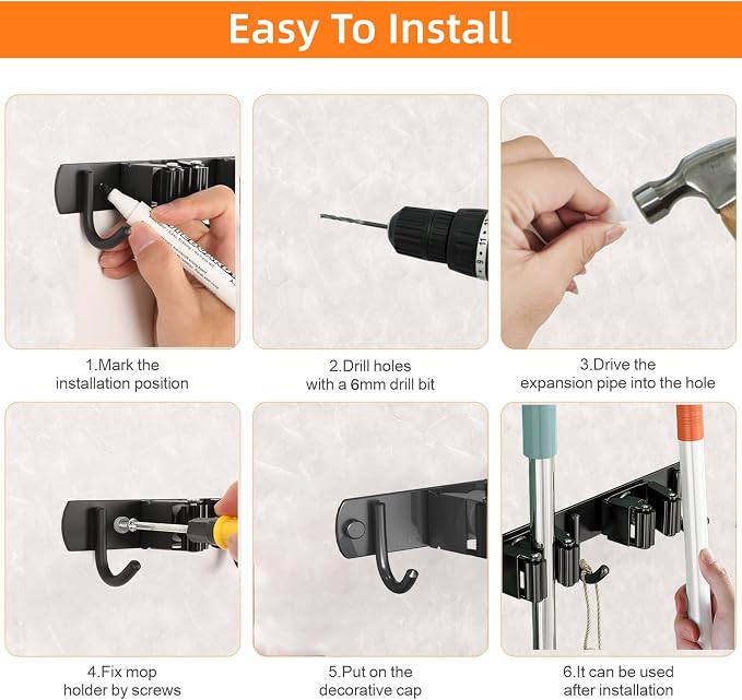 CUXIXA Mop and Broom Holder Wall Mount, Upgraded Broom Organizer Wall Mount, Stainless Steel Broom Hanger Wall Mount for Home Kitchen Garden Laundry Garage (5 Racks with 4 Hooks Black)