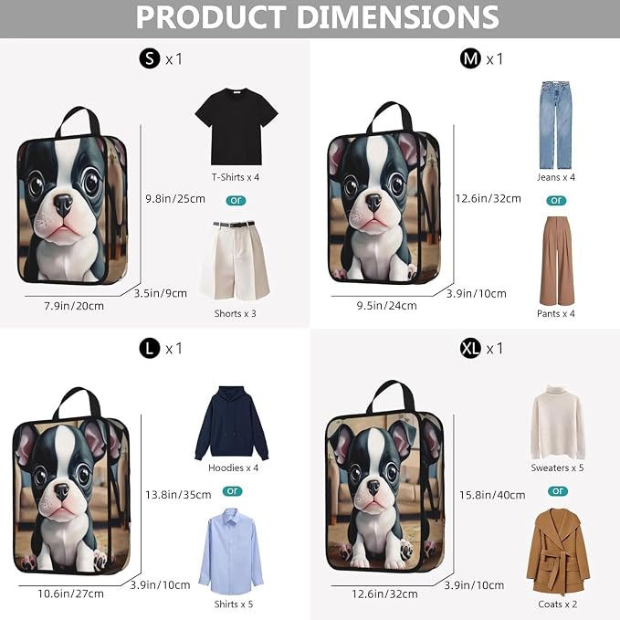 Boston Terrier Compression Packing Cubes Set Of 4, Lightweight Expandable Travel Organizer Bags With Double Zipper For Vacation Business