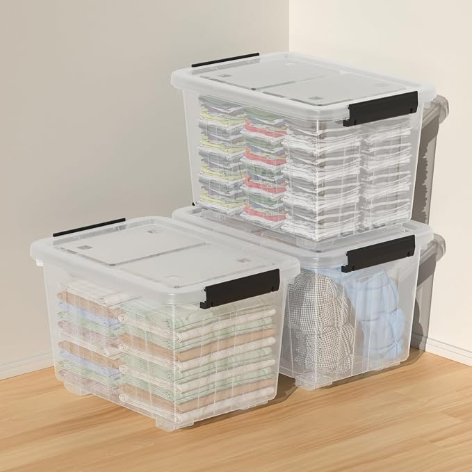 4-Pack 35 Quart Plastic Storage Bin with Secure Lid and Wheels | Stackable Rolling Tote Organizers with Latching Buckles, Stackable Container Box for Closet, Garage, Laundry and Toys, Clear