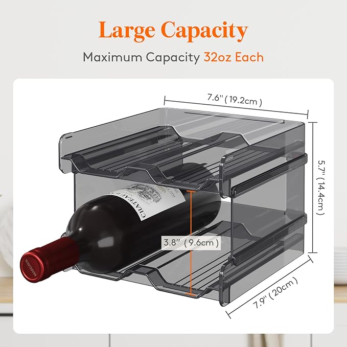 Lifewit Stackable Wine Rack for Cabinet, Plastic Refrigerator Wine Holder | Black Water Bottle Storage Rack for Fridge Shelf, Tumbler Cup Organizer Holds 8 Bottles for Countertop, Kitchen Organization
