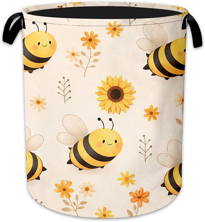 Bumble Bee Laundry Basket Oxford Cloth Sunflower Floral Laundry Hamper With Handle Foldable Portable Clothes Storage Basket Storage Bag For Laundry Room/Bathroom/Bedroom/Dormitory 20.8"x16"