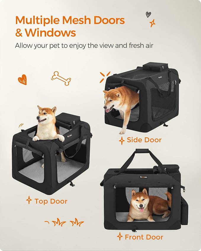 Feandrea Collapsible Soft Dog Crate, Portable Travel, 28 Inches | Dog Carrier Kennel with Safety Zippers for Living Room, Car, Travelling, Black UPDC70H