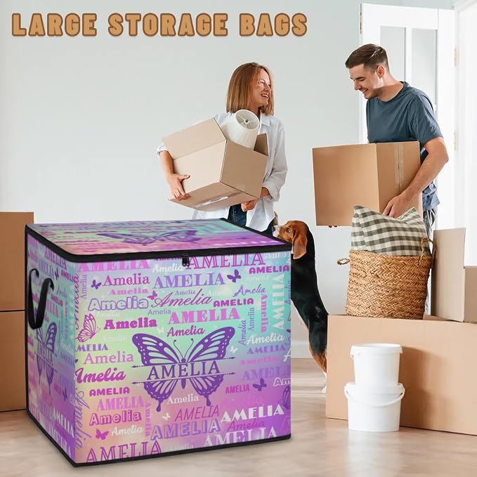 Custom Name Large Clothes Storage Organization with Lids, Shelf Basket, Bedding Clothes Towel Storage Bin for Nursery, Gift Basket, Pet Basket, Coloful Gradient Galaxy Purple Green with Butterfly