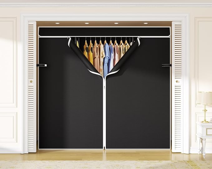 E3C Heavy Duty Portable Closet Wardrobe with Black Fabric Cover | Freestanding Metal Closet System Storage Organizer for Clothing, Clothing Rack Holds up to 850 lbs, 59.5"W x 16.5"D x 77.4"H