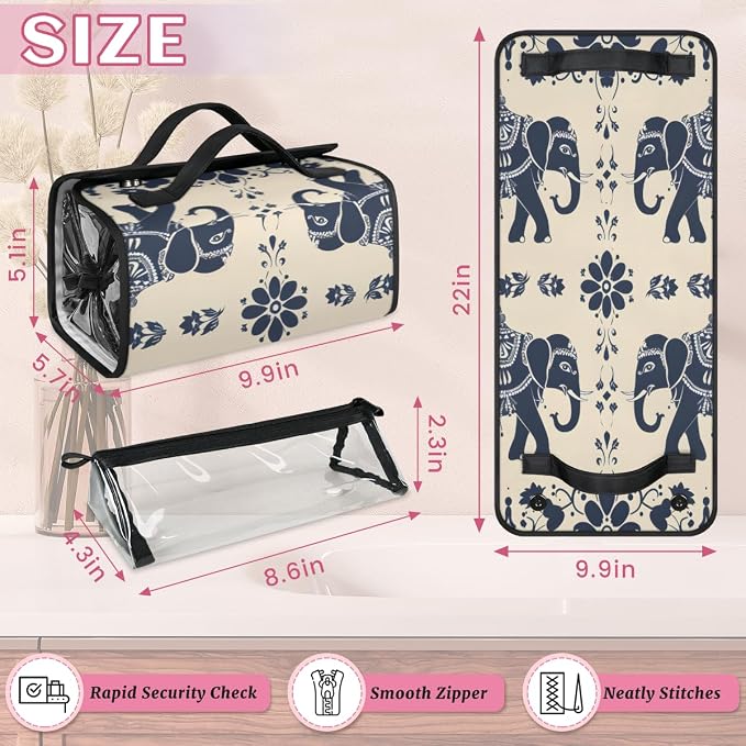 Elephant Makeup Bag for Women Hanging Roll-Up Travel Organizer Toiletry Kit with 4 Removable Compartments, Animal Print