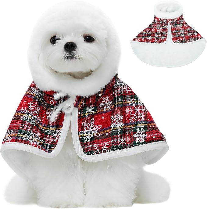 Dog Christmas Cape, Thermal Christmas Cloak, Xmas Costume | Cozy Fleece Warmth, Evening Walks Fast-Dress, Xmas Family Photo Outfits, Adjustable Straps, Red Snowflakes M