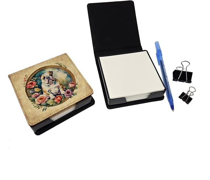 Caroline's Treasures English Bulldog and Flowers PU Leather Note Paper Holder with Artist-Designed Cover, Desk Accessory, Office Gift