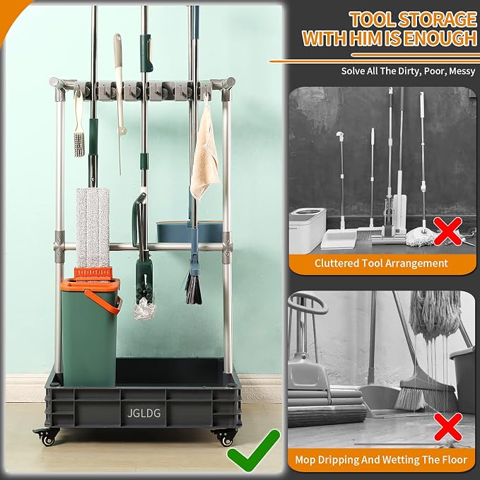 Broom mop Holder Cleaning Supplies Organizer Janitor carts on Wheels Housekeeping Station Storage Tools for Garage, Garden, Closet, Cabinet