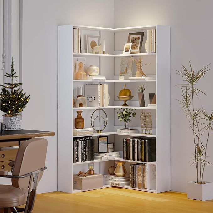 Corner Bookshelf, Freestanding L Shaped Display Shelf, 6 Tiers Bookcase with Baffles, Wooden Bookcase with Storage Organizer for Home Office, Living Room, Bedroom (35.2")