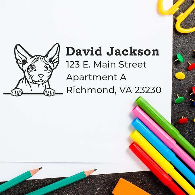 Personalized Minskin Cat Return Address Stamp for Invitations & Mail, Self-Inking Custom Handcrafted Rubber Stamp with Feline Design, Decorative Home Office Stationery Gift for Cat Lovers, 7/8 X 2-1/4