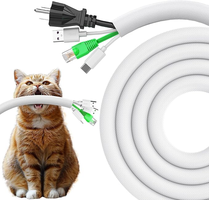 UOMTFAI Dog and Cat Cord Protector 25ft - 1/2inch, Flexible Cable Sleeve for Easy Cord Management, Protects Cables from Pets Chewing, Ideal for USB, Power, Audio and Video Cords - White