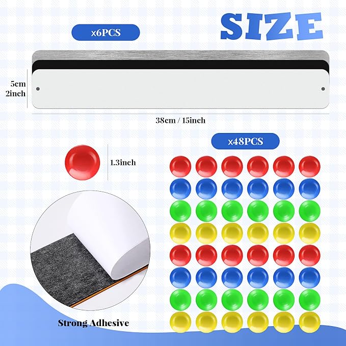 Outus 6 Pcs Magnetic Wall Strips 15" x 2", 48 Magnets, Silver, Black, White | Metal display strips for notes, photos and memos; ideal for office, home, classroom and workspace.