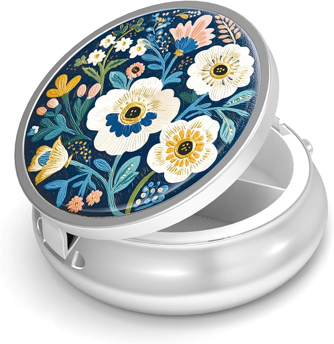 Pill Box-3 Compartment Small Pill Case for Purse & Pocket Mini Metal Pill Holder Travel Pill Container to Hold Supplements Vitamins BPA-Free (A-Flowers-02)