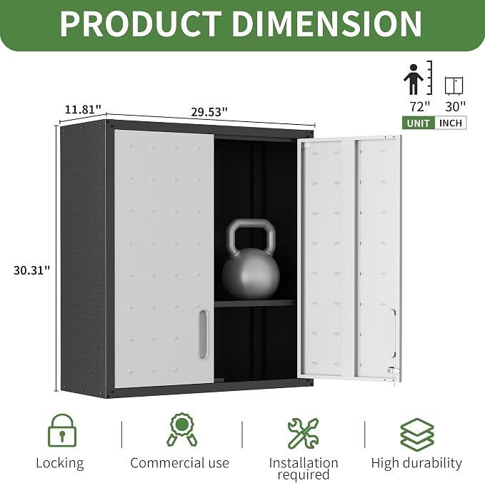 Garage Wall Cabinet Metal Storage Cabinet with Lockable 2 Doors | Wall Mounted Heavy Duty Steel Tool Cabinet Hanging Cabinet for Garage Warehouse Bathroom Kitchen,Assembly Required