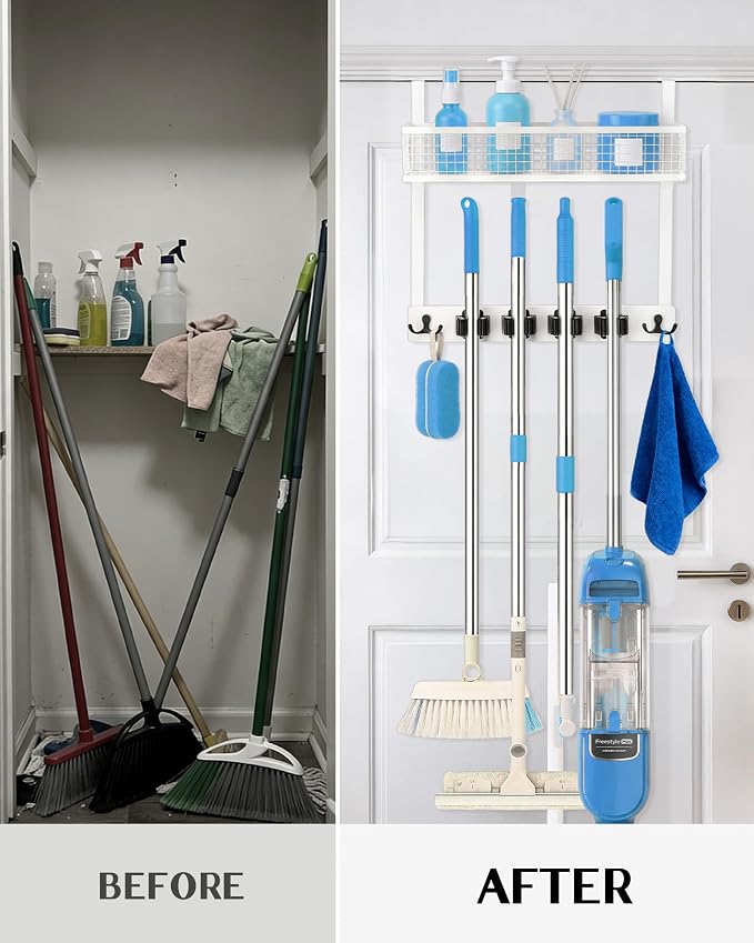Lorbro Over the Door Broom and Mop Holder with Basket, 4 Grips and 4 Hooks | No-Drill Door Mount, Cleaning Supply Organizer, Wood and Metal Build, Secure Grip Slots, Laundry Garage Closet Use