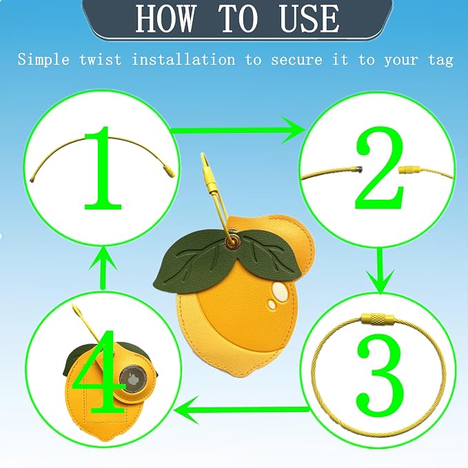 PU Leather Luggage Tag with Airtag Holder Case Set and Name ID Label | Hidden Compartment for AirTag Travel Suitcase Tracking Case with Stainless Steel Loop,Cute Fruit Plant Animals Styles,Lemon
