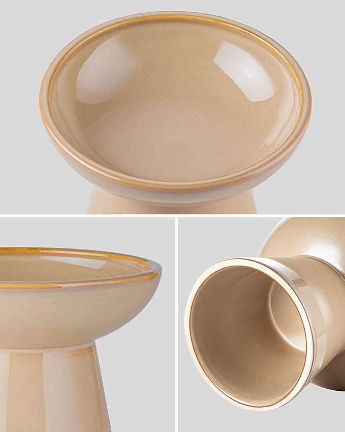 vancasso Elevated Cat Food Bowls 2-Pack, 6.2" Wide Shallow Cat Feeding Bowl for Whisker Fatigue, 5.1" Height Ceramic Raised Food Bowls for Senior Cats, Anti Vomit, Brown