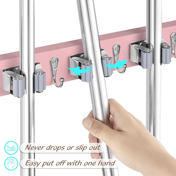 OUTNILI Pink Mop Broom Holder Wall Mount with 4 Slots & 4 Hooks - Wood Broom Mop Hanger for Pantry Closet Laundry Room Kitchen Organization - for Pink Kitchen Decor and Accessories