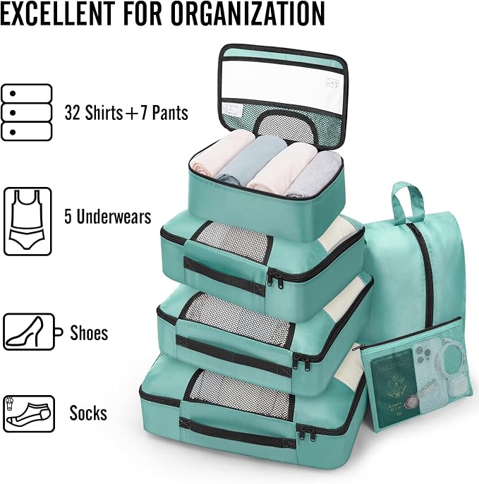 Veken 8 Set Packing Cubes for Travel Essentials, Suitcase Organizer Bags in 4 Sizes, Carry-On Luggage Accessories with Laundry Bag, Airplane Must Have with 99-Count Mesh Holes