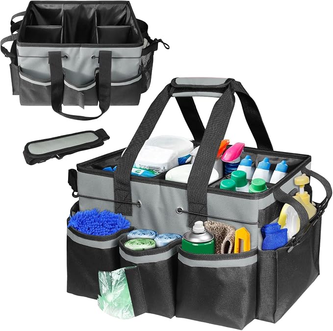 Cleaning Tool Organizer Bag with Handles, Cleaning Caddy, Grey | Cleaning Bag for Housekeepers,Detachable Shoulder Strap & Dividers, for Car Detailing, Housekeeping, Cleaners