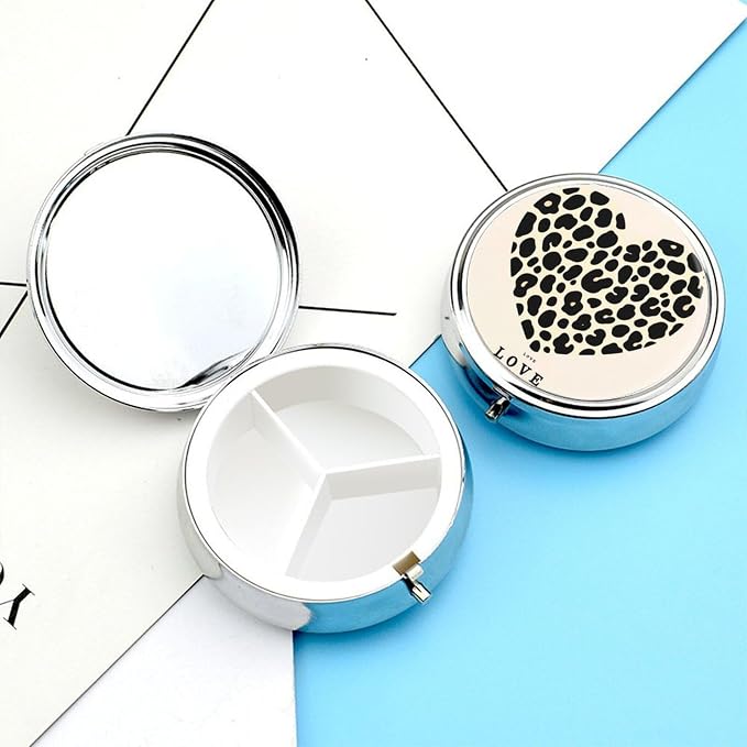Leopard Print Heart Metal Round Pill Box, 3 Compartment Travel Organizer, Portable Pill Container with Secure Latch, 2 Inch Circular Vitamin Caddy for Pills and Vitamins, Gift for Him Her Elderly