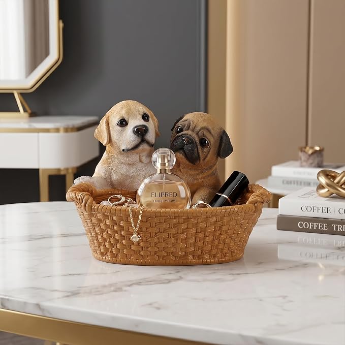 Resin Labrador & Pug Desktop Storage Basket, Decorative Catchall Bowl & Key Tray for Entryway Table, Cute Dog Statue Organizer, Pet Lover Gift