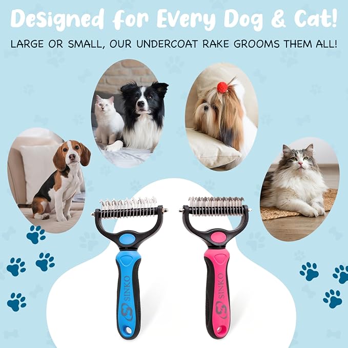 Sinko Shedding Brush For Dog and Cat, Grooming Brush with Extra Wide Double-Sided Stainless Teeth for Detangling, Deshedding, Brushing & Removing Shed Fur, Knots, Mats, and Tangles in Pets (Pink)