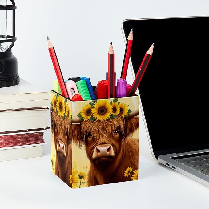 Sunflowers and Highland Cow Pen Holder for Desk Decor, Rectangular PVC Leather Pencil Cup for Desk Pen Organizer, Makeup Brush Holder for School, Home, Office