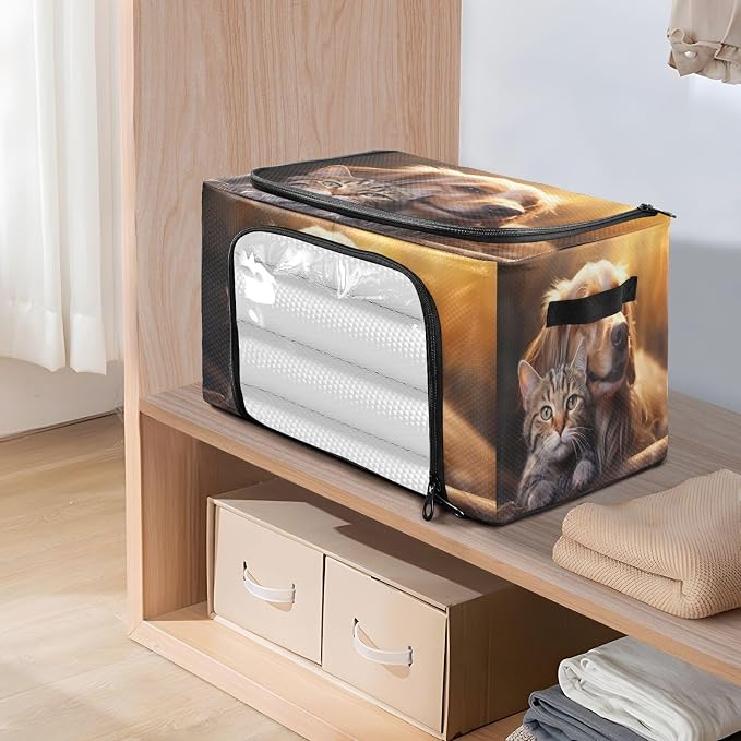 Foldable Storage Bin Dog and Cat Pattern Sturdy Under Bed Storage Container with Clear Window and Handle