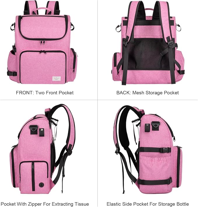 Modoker Multi-Compartment Dog Travel Backpack for Pet Supplies, Pink | Dog Travel Accessories Organizer with 2 Food Bags, 2 Bowls, Quick-Access Pockets, Tissue Opening, Luggage Sleeve, Feeding Mat