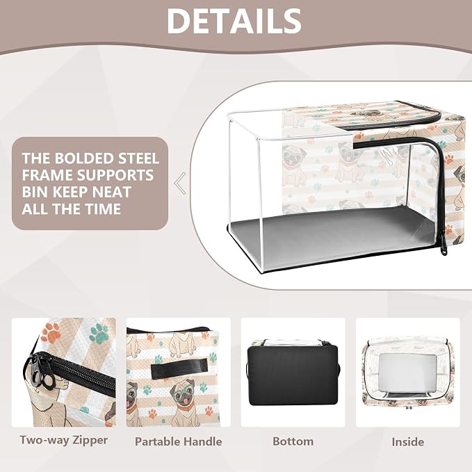 Cute Pets Pug Beige print Under Bed Storage Containers with Double Zipper Openings, Foldable Clothes Storage Bins with Clear Window and Handles for Blankets Comforters Bedding