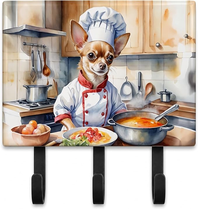 Caroline's Treasures Chihuahua The Chef Leash or Key Holder Wall Hooks, Key Hooks Holder, Coat Rack Wall Mount, Coat Hooks, Hooks for Hanging Keys, Towels, Aprons, Leashes | Chihuahua The Chef artwork on ceramic tile with three steel hooks for keys, le...