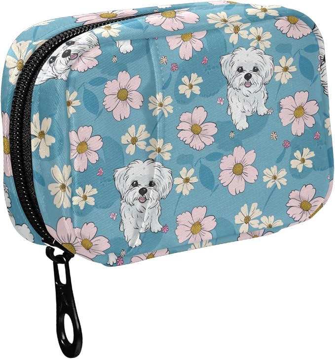 Fustylead Cute Cartoon Maltese and Daisy Flowers Pill Organizer Travel Bag, Small Portable Pill Case Cute for Vitamin Fish Oil Supplements Medicine Organizer with Zipper