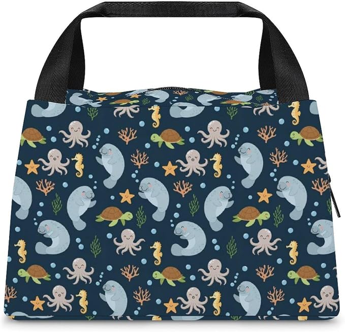 Leakproof Insulated Tote, Cute Gray Manatee | Large Capacity Lunch Bag, Cooler Tote Handbag for Work Picnics Camping, Cute Sturdy Meal Bags