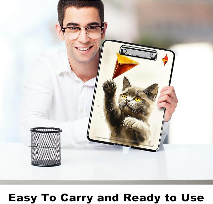 Heavy Duty Storage Clipboard, Slim Nursing Clipboard with Internal Pen Case, Portable File Organizer Case for A4 Letter Size Paper Office Medical Professionals, Gray Cat Painting